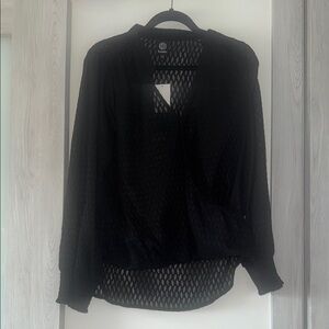 Bobeau Black Cut Out Blouse with Mandarin Collar